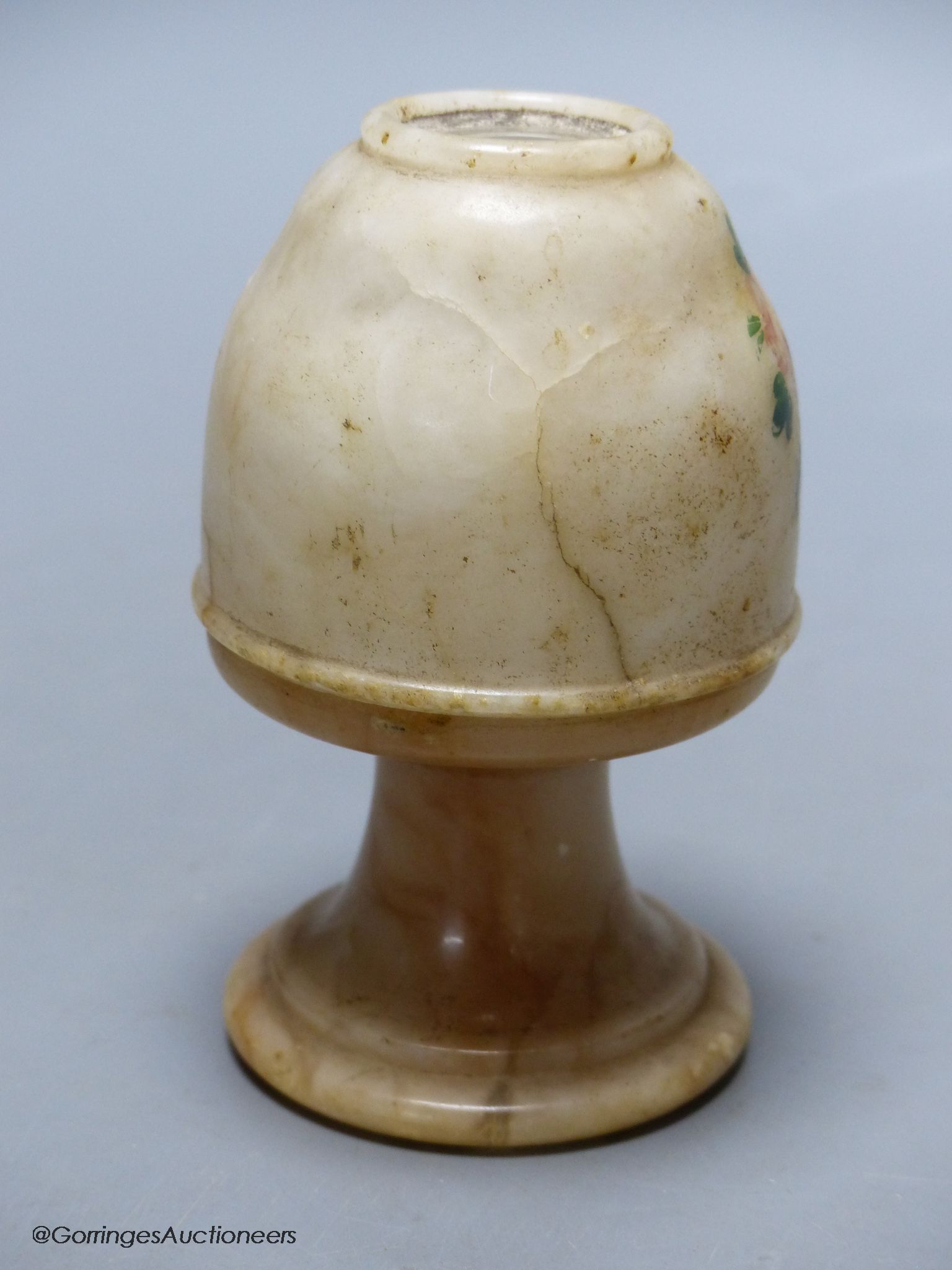 A 19th century alabaster souvenir Stanhope peep vase, Thames Tunnel view, height 11cm
